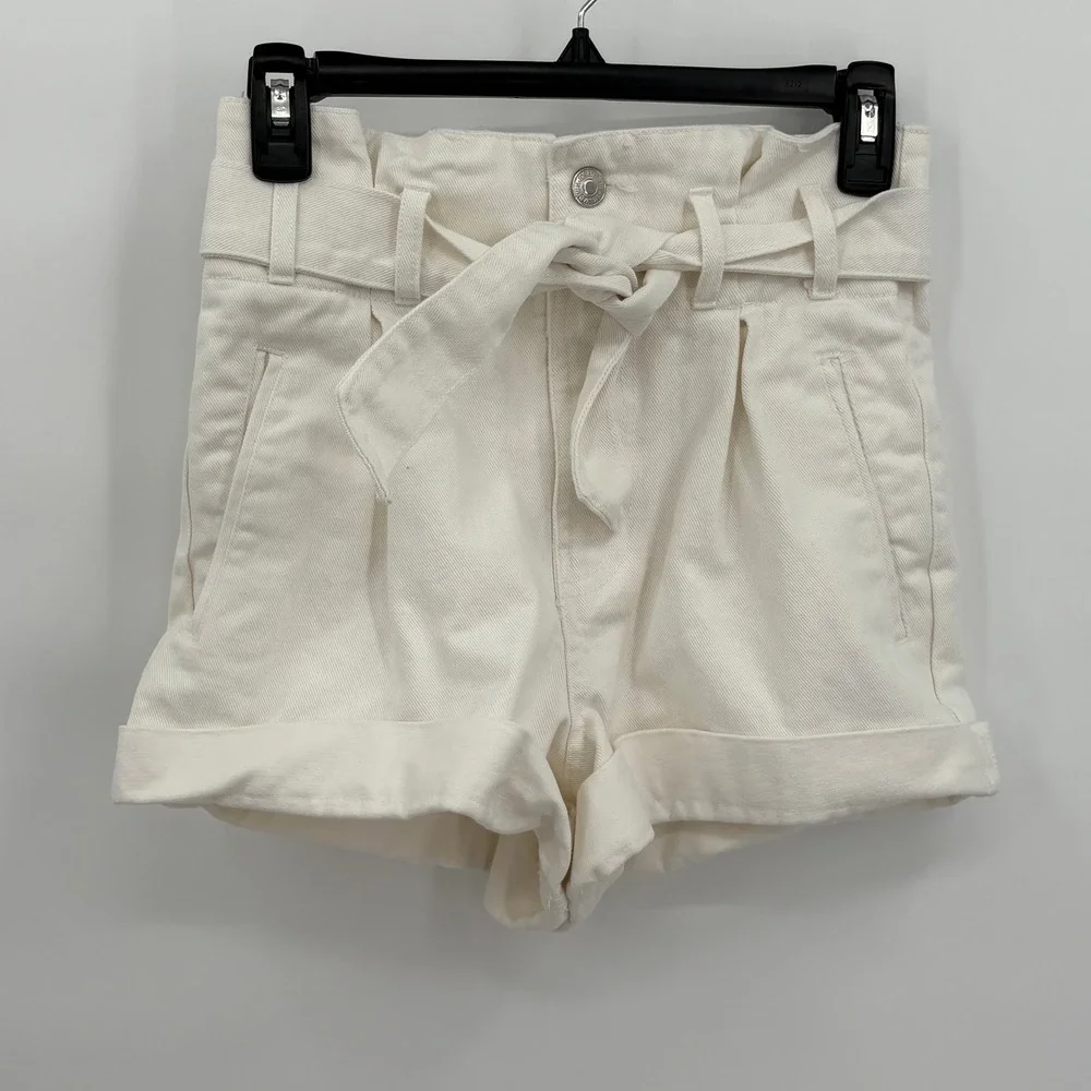 Forever 21 Off White Paperbag Waist‎ Denim Shorts High Rise Belted Size 26